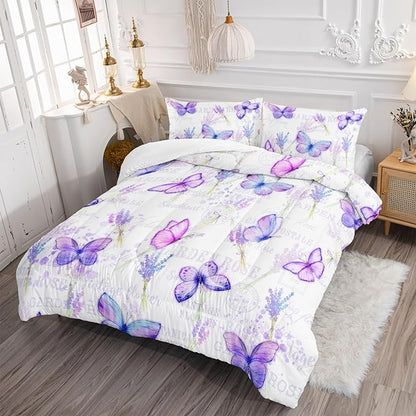 Purple Butterfly Comforter Set Twin Size for Girls Kids Adults Lavender Flowers Pattern Bedding Set Aesthetics Butterflies Quilt Bed Set with 1 Comforter and 2 Pillowcases