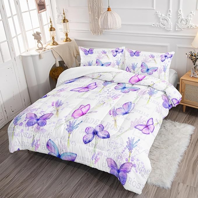 Purple Butterfly Comforter Set Queen Size for Girls Kids Adults Lavender Flowers Pattern Bedding Set Aesthetics Butterflies Quilt Bed Set with 1 Comforter and 2 Pillowcases