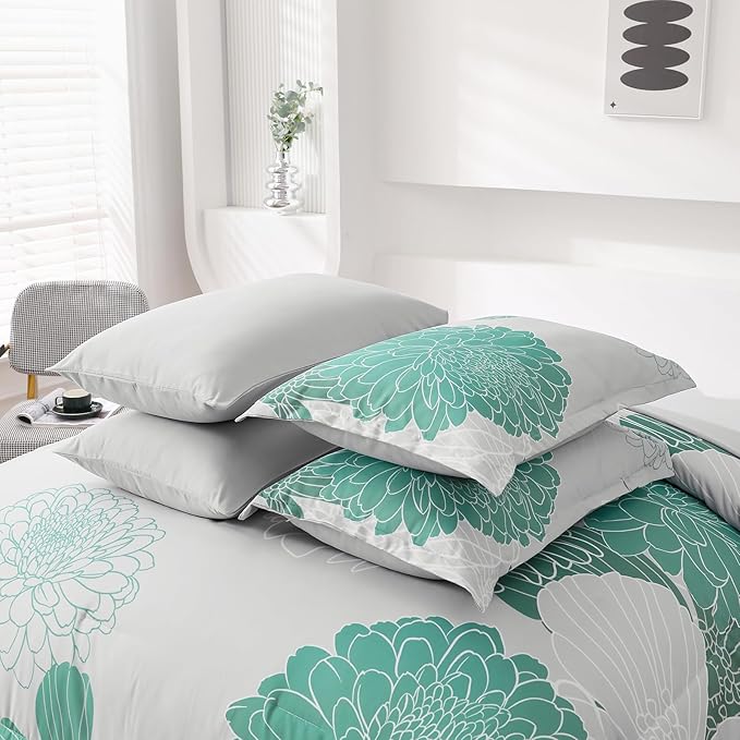 Yiran Grey Aqua Floral King Comforter Set Bed in a Bag Soft Microfiber Comforter Bedding Set 103"×90",7 Pieces (1 Comforter,2 Pillowcases,2 Pillow Shams,1 Flat Sheet,1 Fitted Sheet)