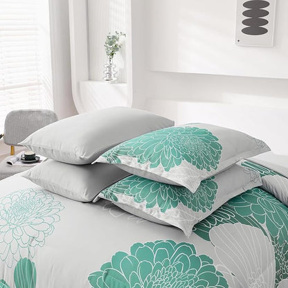 Yiran Grey Aqua Floral King Comforter Set Bed in a Bag Soft Microfiber Comforter Bedding Set 103"×90",7 Pieces (1 Comforter,2 Pillowcases,2 Pillow Shams,1 Flat Sheet,1 Fitted Sheet)