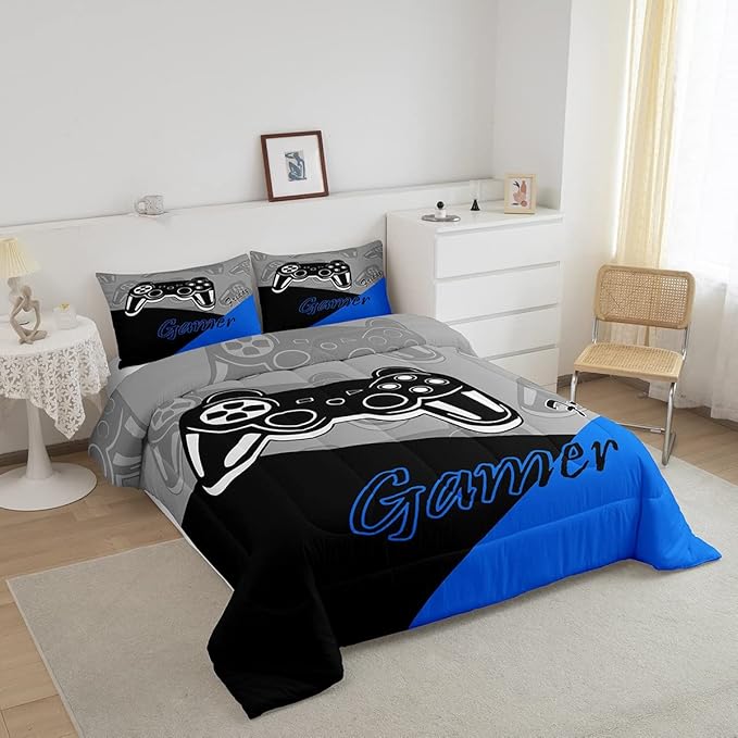 Feelyou Gaming Comforter for Boys Teen Video Game Bedding Set for Kids Gamer Comforter for All Season Gamepad Home Decor for Comforter Set Full Size,1 Comforter with 2 Pillowcases Blue Black Grey