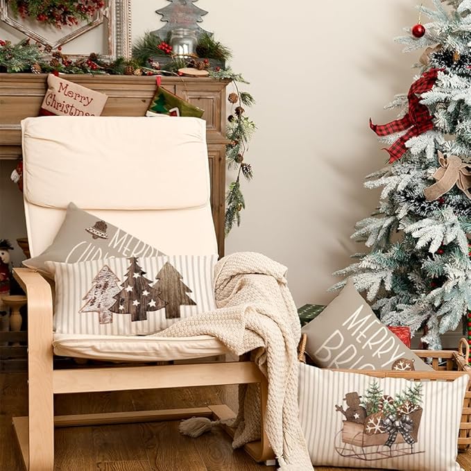GEEORY Christmas Pillow Covers 12 x 20 Set of 4, Striped Wooden Tree Snow Sleigh Merry Bright Xmas Holiday Decor Decorative Throw Cushion Case Decoration for Home Party Sofa Couch (Brown) G399-12