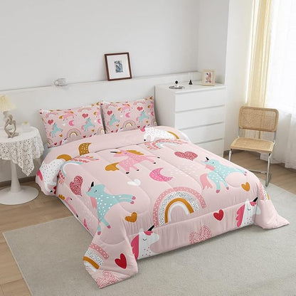 Feelyou Girls Unicorn Comforter Set Full Size Kids Cute Pink Rainbow Horse Decor Comforter for Unicorn Lover Daughter Bedding Set Boho Star Moon Duvet Set (1 Comforter + 2 Pillowcases, Full)