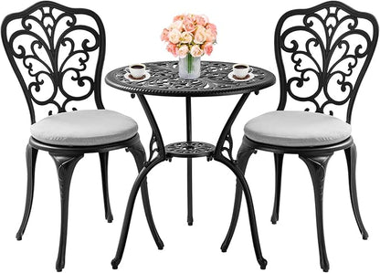 Patio Bistro Set 3 Piece Outdoor, All Weather Bistro Table and Chairs Set of 2 with Umbrella Hole, Outdoor Bistro Set with Cushions, Cast Aluminum Patio Furniture Set for Garden Porch