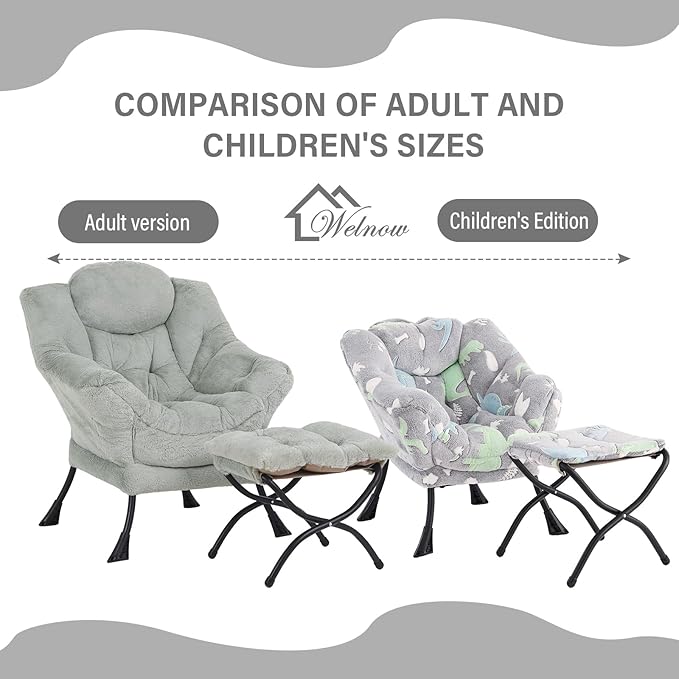 Welnow Toddler Kids Lazy Chair with Ottoman, Glow in The Dark Accent Comfy Lounge Children Armchair Couch with Removable Cover, Detachable Reading Chair with Footrest for Boy or Girl, Grey Dinosaur