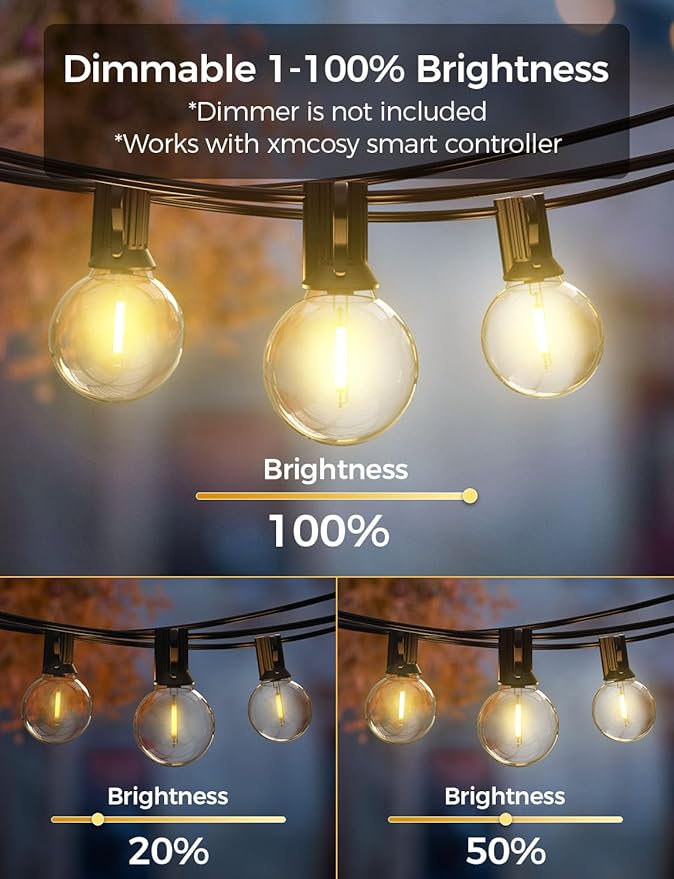 XMCOSY+ Outdoor String Lights 50Ft Dimmable G40 Globe Patio Lights with 25+2 Shatterproof LED Bulbs, Hanging Waterproof Outdoor Lights for Patio, Porch, Yard, Bistro, Café, Outside