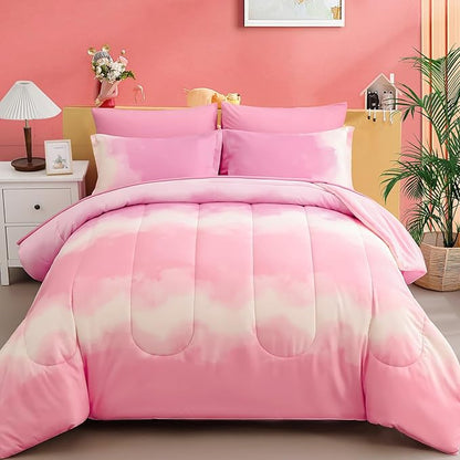 Dinjoy Girls Comforter Set Full Size Colorful Rainbow Ombre Pink Bedding Set Gradient Soft Lightweight 7 Pieces Bed in A Bag for Kids Teen Women(1 Comforter, 1 Flat Sheet, 1 Fitted Sheet)