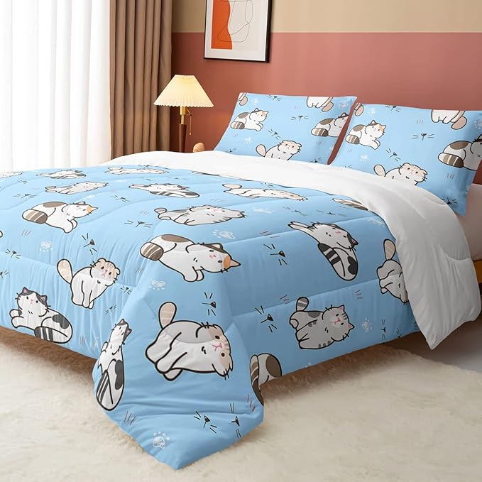 Datura home Blue Kawaii Cat Comforter Bedding Set for Girls Lovely Kitten Blue Print Cute Animal Pattern Bedding Set with 1 Comforter and 2 Pillowcases for Girls Bedroom All Season(Cat Blue Twin)
