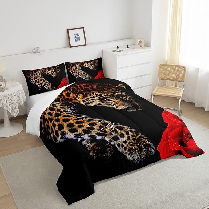 Erosebridal Leopard Comforter Set King Size,Red Rose Cheetah Bedding Set,Cat Leopard Print Down Comforter, Romantic Floral Quilted Duvet, Safari Animal Quilt Set, Stylish Bedroom Decor, Black