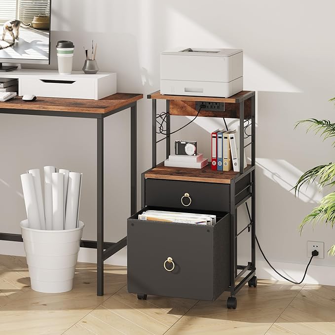 HOOBRO 2-Drawer File Cabinet, Filing Cabinet with Charging Station, Vertical Office Cabinet with Open Storage Shelf, Printer Stand, A4/Letter Size, Nonwovens Drawer, Rustic Brown and Black BFK23UWJ01