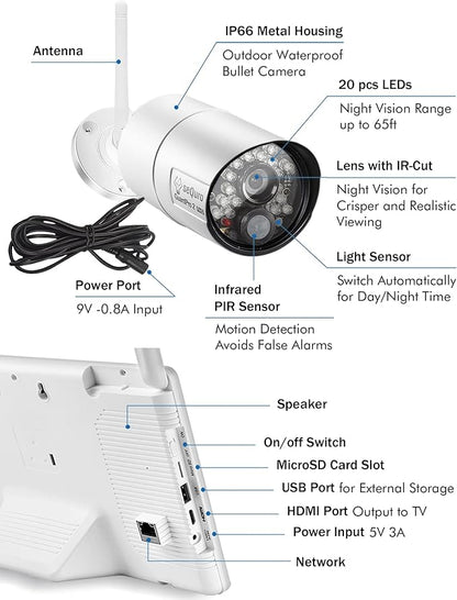 seQuro GuardPro 2 Wireless Security Camera System, 10.1-inch Touchscreen Monitor, 4CH DVR Kit, 1080p HD Outdoor Bullet Camera, Motion Detection, Night Vision, Waterproof, Free App, Home Security DVR