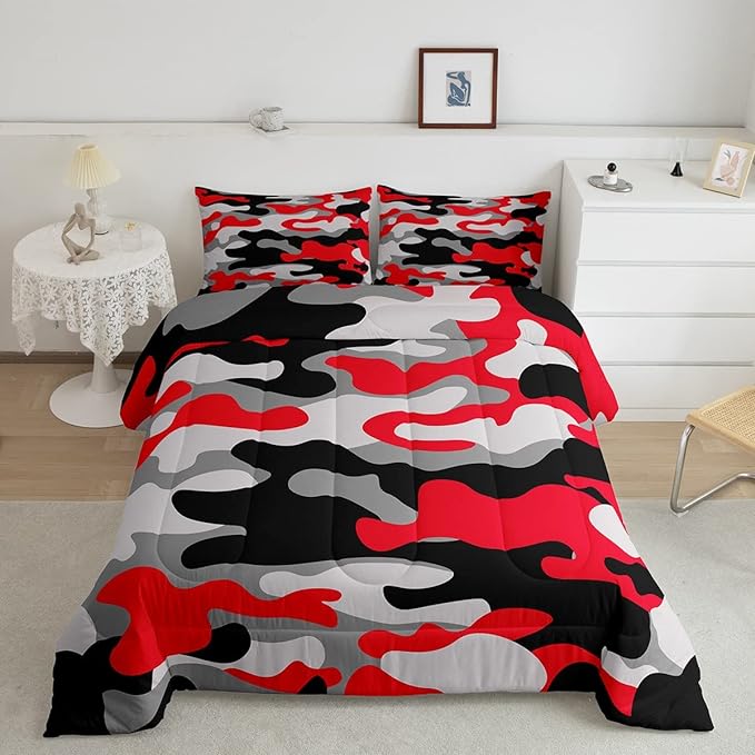 Feelyou Twin Size Camouflage Comforter Set 3Pcs Kids Bedding Set for Boys Girls Teens 1 Comforter & 2 Pillowcases(Twin,Red Black)