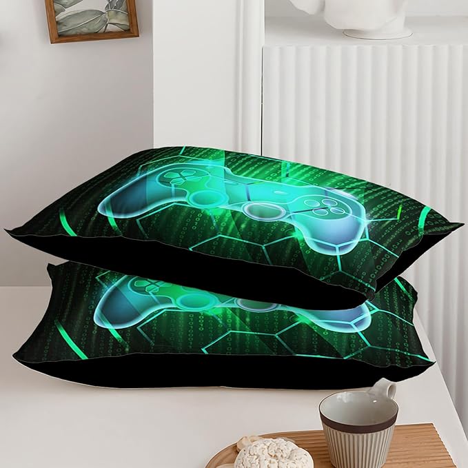 Axolotl Gamepad Comforter Set Twin Size,Number Video Gaming Gamer Bedding Set,Boys Game Console Comforter Set,Geometry Hexagonal Bedding Set for Teens Men Adults,1 Quilt 2 Pillowcases,Green Black
