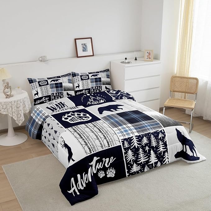Manfei Deer Bear Kids Comforter Set King Size,Wolf Hunting Adventure Rustic Bedding Set for Boys Girls Adults Room Decor,Geometric Plaids Patchwork Down Comforter,Blue Xmas Duvet Insert,2 Pillowcases