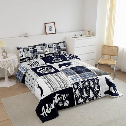 Manfei Deer Bear Kids Comforter Set King Size,Wolf Hunting Adventure Rustic Bedding Set for Boys Girls Adults Room Decor,Geometric Plaids Patchwork Down Comforter,Blue Xmas Duvet Insert,2 Pillowcases