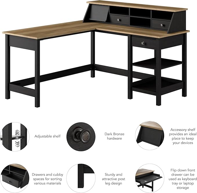 Bush Furniture Mayfield 60W L Shaped Computer Desk with Storage and Desktop Organizer in Vintage Black and Reclaimed Pine | Storage for Home Office Workspace