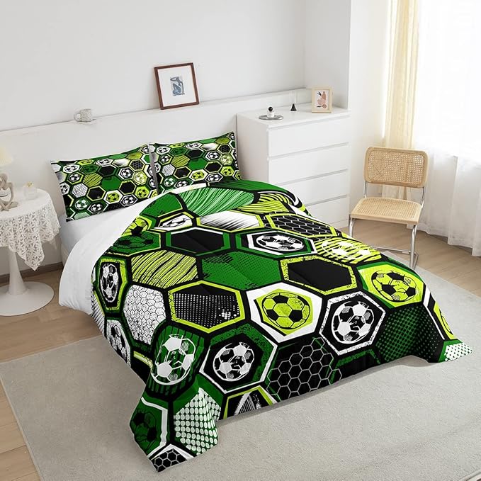 Erosebridal Boys Football Comforter Set Twin Soccer Sports Bedding Set Twin for Kids Teen,Geometric Honeycomb Down Comforter Hexagon Beehive Quilt Duvet Duvet Insert Green Black White 1 Pillow Case
