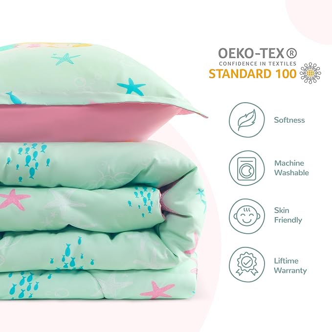 SLEEP ZONE Kids Bedding Comforter Set, Cute Pattern & Super Soft 2 Pieces Bedding Sets, All Season for Girls, 1 Comforter, 1 Pillowcase, Fade Resistant (Mermaid Princess, Twin)