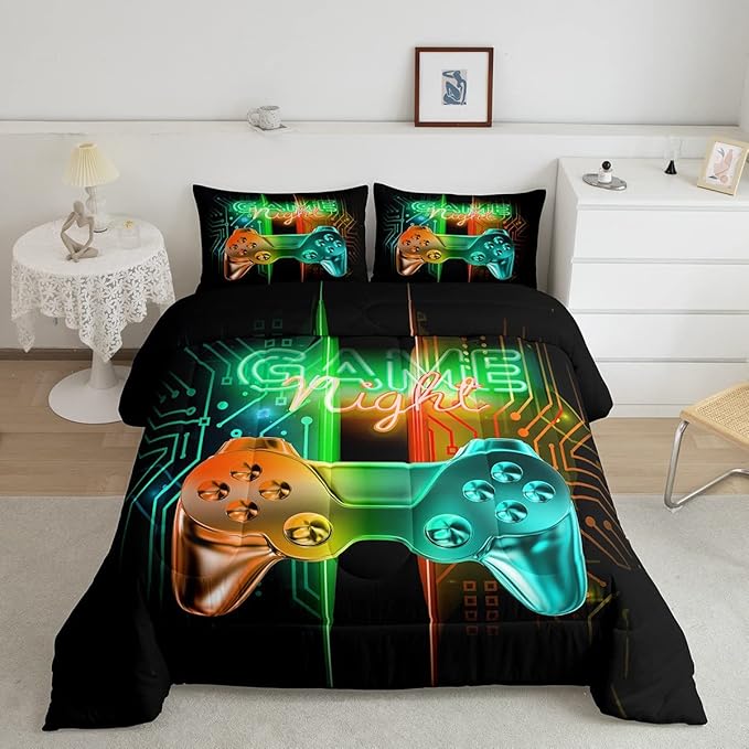 Feelyou Gamer Comforter Kids Gaming Video Game Comforter Set for Boys Teens Noverlty Modern Gamepad Bedding Set Breathable Gamer Console Bedding Duvet Set Bright Orange Green Room Decor Queen Size