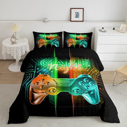 Gamer Comforter Kids Gaming Video Game Comforter Set for Boys Teens Noverlty Modern Gamepad Bedding Set Breathable Gamer Console Bedding Duvet Set Bright Orange Green Room Decor Full Size