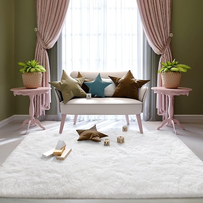 Super Soft Fluffy Shaggy Rugs 5x8 Feet for Living Room Bedroom, Fuzzy Plush Area Rugs for Girls Kids Room Nursery Home Decor, Furry Dorm Rug Cute Non-Slip Indoor Floor Carpet, Cream White