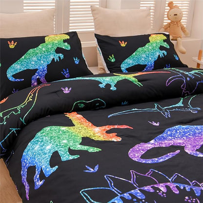 Meeting Story Dinosaur Comforter Set, Fluorescence Gradation Dinosaur Twin Comforter Set, 3 PCS 1 Comforter and 2 Pillowcases in One Bag, All Season Bedspread for Kids Teens Adults（Twin）