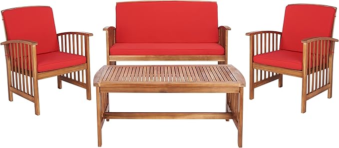 SAFAVIEH Outdoor Collection Rocklin Natural/ Red Cushion 4-Piece Conversation Patio Set