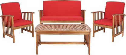 SAFAVIEH Outdoor Collection Rocklin Natural/ Red Cushion 4-Piece Conversation Patio Set