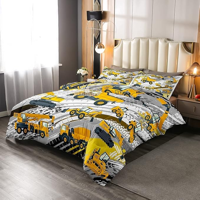 Boys Construction Comforter Set Truck Bedroom Decor for Kids Girls Under Construction Vehicles Down Comforter Nursery Children Cartoon Machinery Truck Excavator Bedding Tractor Cars Duvet Quilt, King
