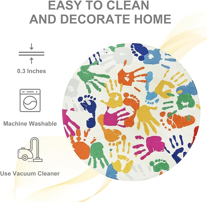Colorful Round Rug for Kids Bedroom, 4'x4' Handprints and Footprints Circle Rug for Playroom, Rainbow Washable Rug for Nursery, Small Circular Carpet for Classroom Dorm Daycare