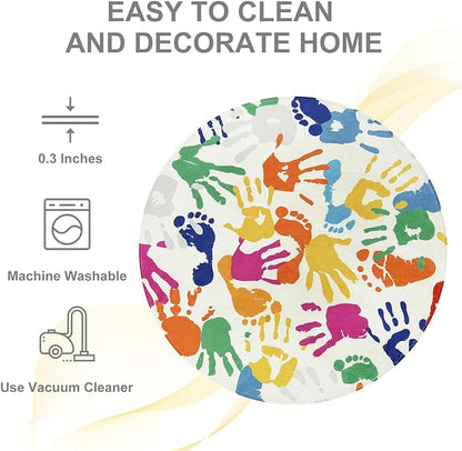 Colorful Round Rug for Kids Bedroom, 4'x4' Handprints and Footprints Circle Rug for Playroom, Rainbow Washable Rug for Nursery, Small Circular Carpet for Classroom Dorm Daycare