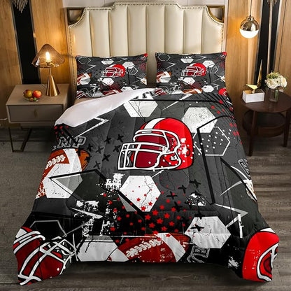Erosebridal Football Comforter Set Twin,Red American Football Helmet Bedding Set for Kids Boys Teens Men Bed,Grunge Geometric Hexagon Comforter Retro Grey Soft Quilt Duvet Sets with 1 Pillow Case