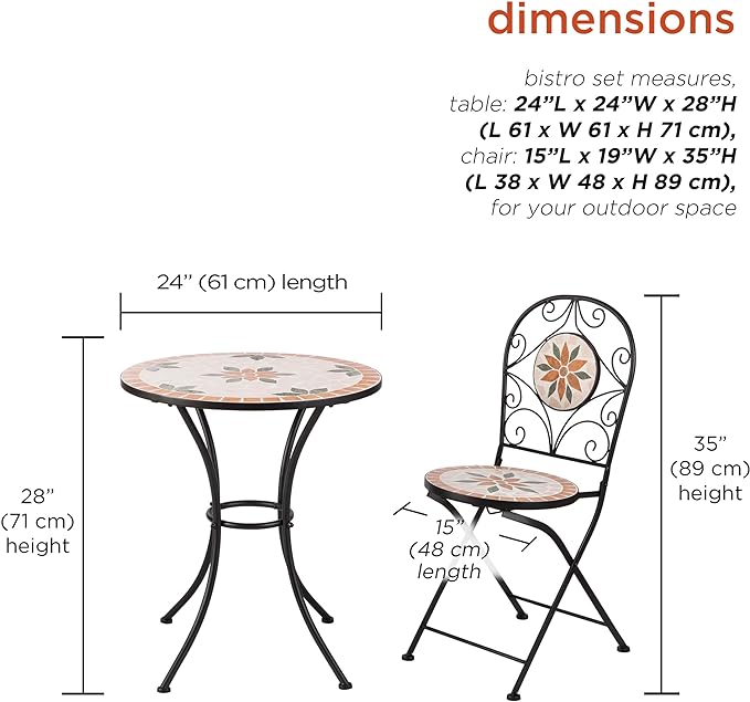 Alpine Corporation Indoor/Outdoor 3-Piece Mosaic Bistro Set Folding Table and Chairs Patio Seating, Tan