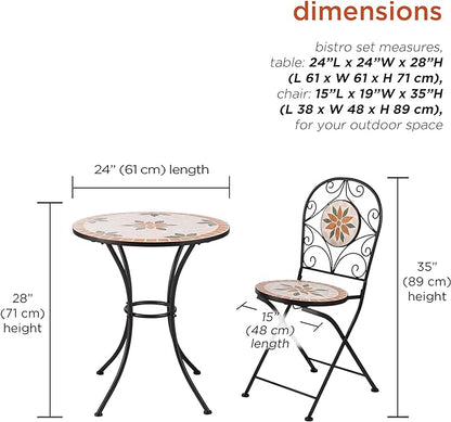 Alpine Corporation Indoor/Outdoor 3-Piece Mosaic Bistro Set Folding Table and Chairs Patio Seating, Tan