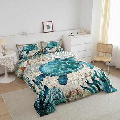 Turtle Bedding Teal Turtle Comforter Set Turquoise Ocean Themed Mediterranean Style Printed Design Ocean Turtle Down Comforter Quilted Duvet Set Queen Size 1 Comforter 2 Pillowcases (Queen, Turtle)