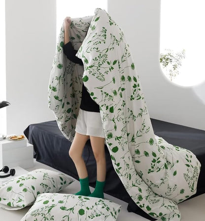 Sage Botanical Comforter Set Full White and Green Floral Plant Bedding Comforter Set Girls Garden Pattern Printed on White Blanket Rustic Leaf Blossom Women White Farmhouse Comforter Full