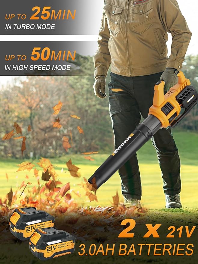 EWORK Cordless Leaf Blower - 21V Electric Leaf Blower Cordless with (2) 3.0Ah Battery and Fast Charger 400CFM Variable Speed & Turbo Mode - Battery Powered Leaf Blowers for Lawn Care and Patio