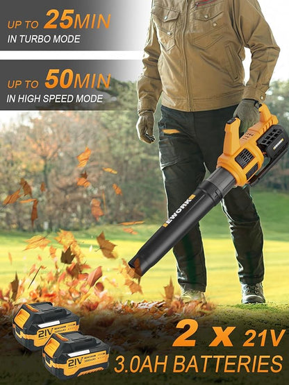 EWORK Cordless Leaf Blower - 21V Electric Leaf Blower Cordless with (2) 3.0Ah Battery and Fast Charger 400CFM Variable Speed & Turbo Mode - Battery Powered Leaf Blowers for Lawn Care and Patio