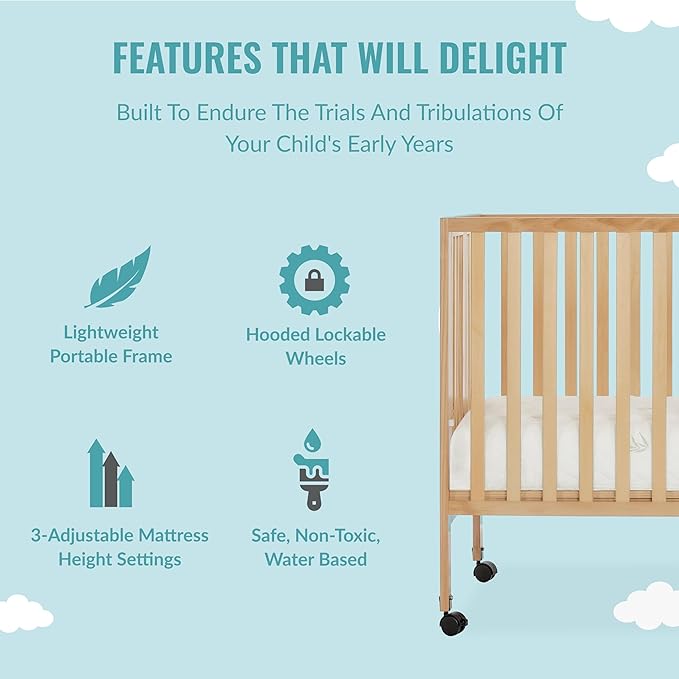 Quinn Full-Size Folding Crib in Natural, Removeable Wheels, Modern Nursey, Adjustable Mattress Support, Portable Crib, Patented Folding System