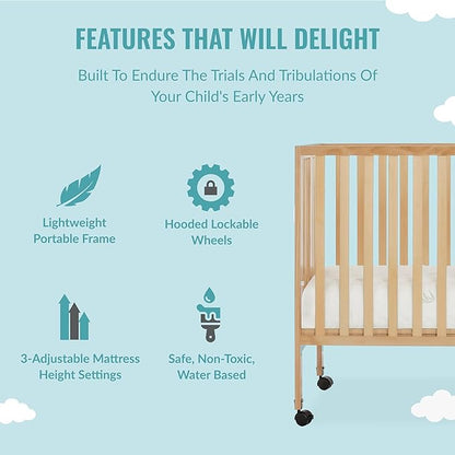 Quinn Full-Size Folding Crib in Natural, Removeable Wheels, Modern Nursey, Adjustable Mattress Support, Portable Crib, Patented Folding System