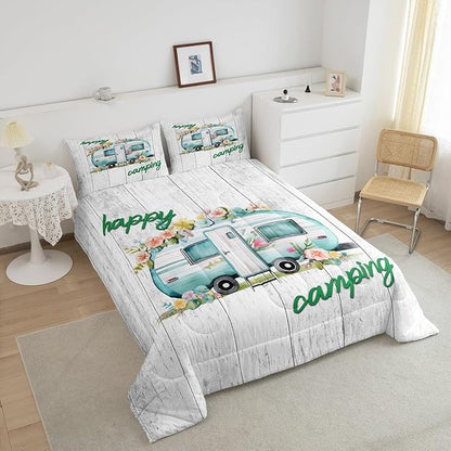 Erosebridal Girls Camping Bedding Camper Car Floral Comforter Set Queen
