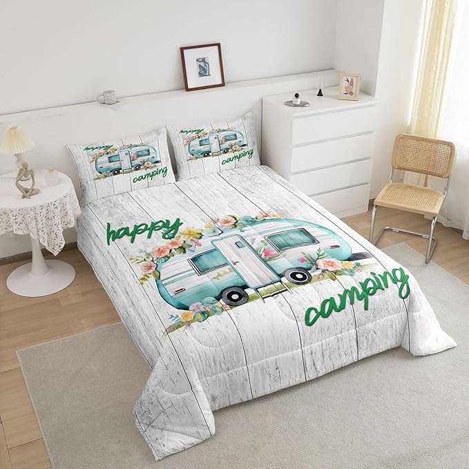 Girls Camper Bedding Set Camping Car Floral Comforter Set Full Rustic Farmhouse Theme Bedding Comforters Camping Decor Retro Chic Flower Quilted Comforter Old Barn Door Vintage Wooden Duvet Set