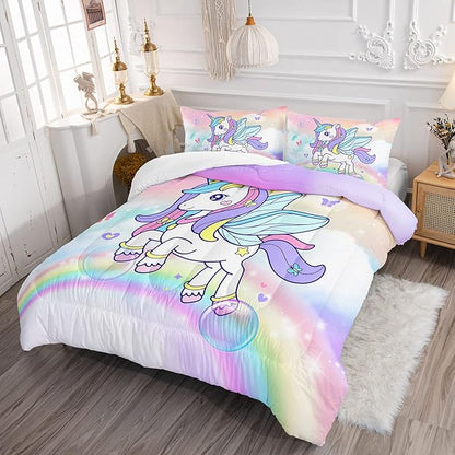 Unicorn Comforter Set for Girls Butterfly Bedding Set Rainbow Quilt Set Twin with 1 Comforter and 2 Pillowcases