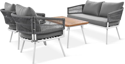 4-Piece Outdoor Patio Furniture Boho Rope Weave Set, Conversation Loveseat Sofa&Chairs with Acacia Wood Table and Thick Cushions, for Garden Backyard Balcony, Onesize, Beige