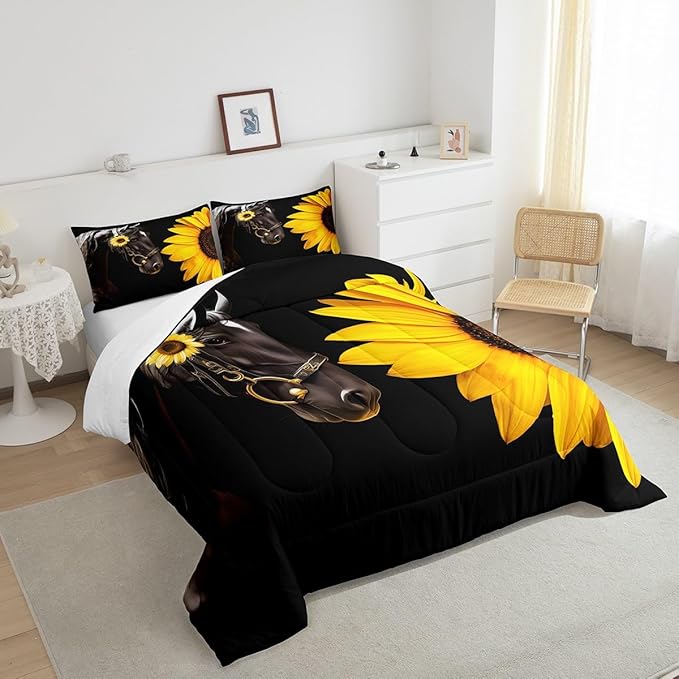 Erosebridal Horse Comforter Set Twin,Sunflower Horse Bedding set for Boys Girls Teens Adults,Western cowboy Farmhouse Down Comforter farm animal Quilt Duvet Sets Bedroom Decor 1 Pillow Case Black