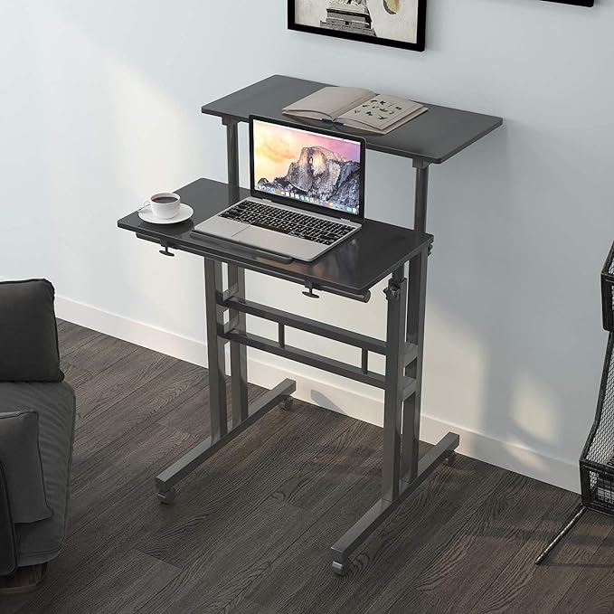 sogesfurniture Mobile Standing Desk Laptop Workstation on Wheels, Adjustable Computer Desk for Standing or Sitting, Black 101-BK