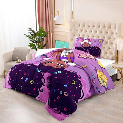 Cute African American Girls Comforter Set for Girls Room Pink Twin Comforter Set for Girls 2 Piece Afro Black Girls Bedding Set with 1 Pillowcase Snacks Bear Girls Quilt, Twin Size