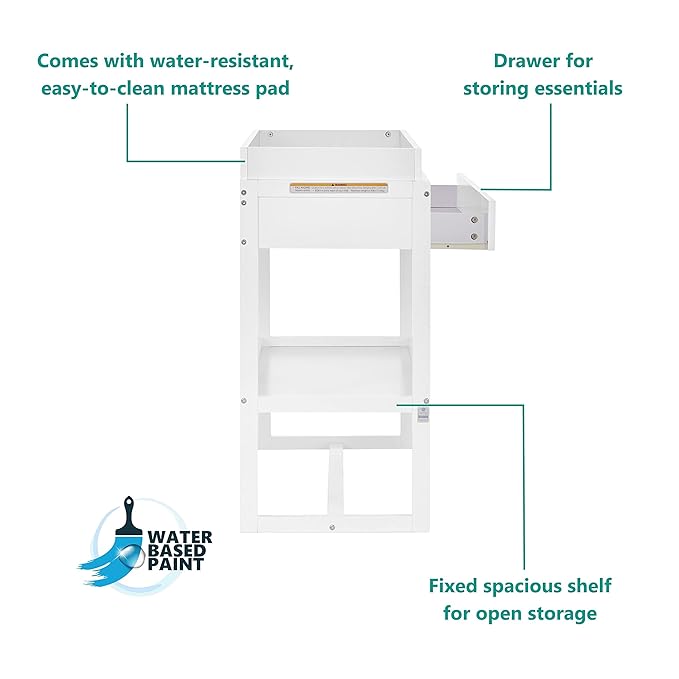 Arlo Changing Table in White, Made of Solid New Zealand Pinewood, Non-Toxic Finish, Comes with Water Resistant Mattress Pad & Safety Strap