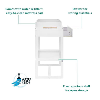 Arlo Changing Table in White, Made of Solid New Zealand Pinewood, Non-Toxic Finish, Comes with Water Resistant Mattress Pad & Safety Strap