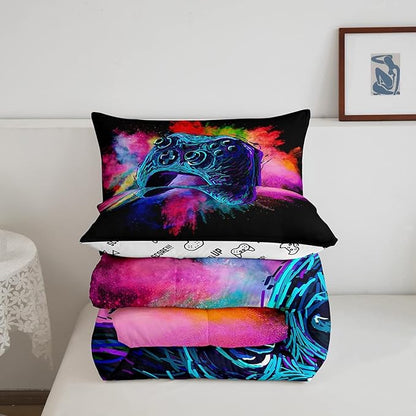 Erosebridal Boys Gaming Bed Comforter Set Queen Size,Kids Gamer Bedding Sets Girls,Colorful Tie Dye Video Game Quilt Comforter Navy Blue Gamepad Lightweight Bedding Set 1 Comforter with 2 Pillowcases